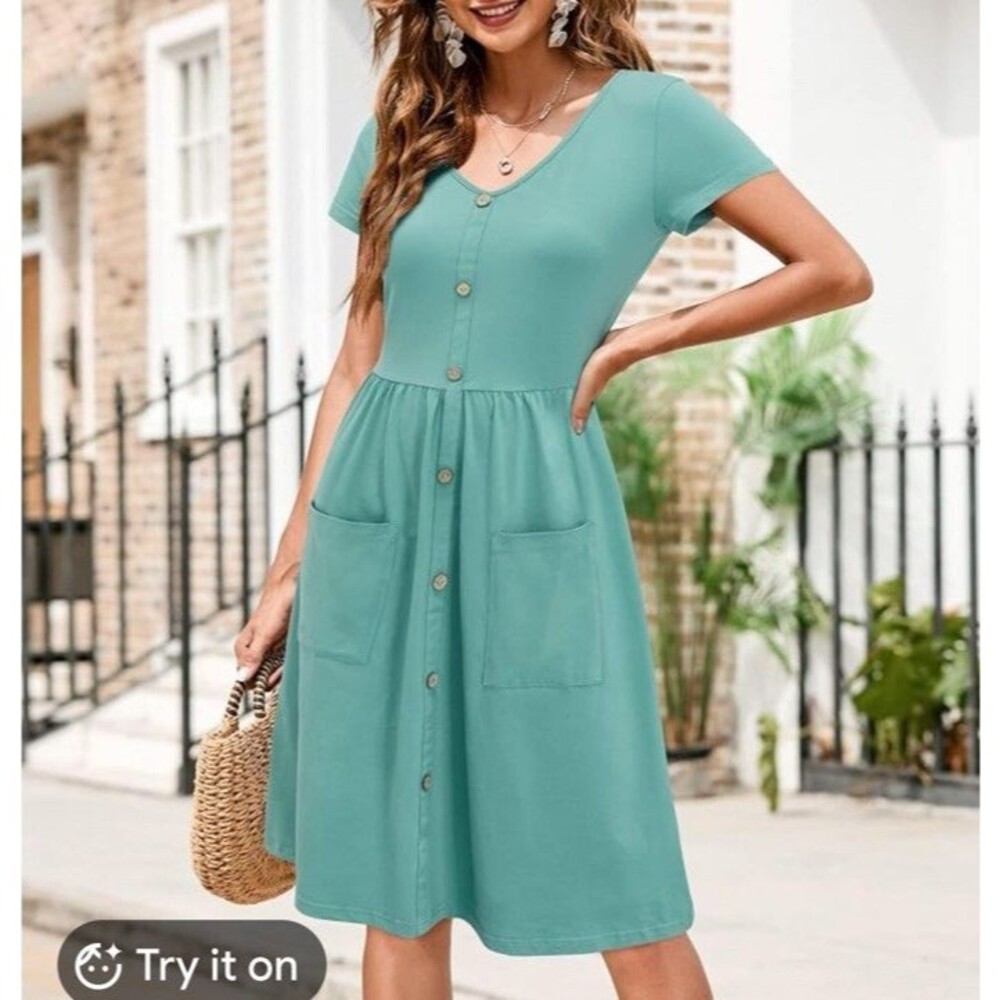 Ouges Green Knit Faux Button Short Sleeve Midi Dress Women's L Pockets Casual